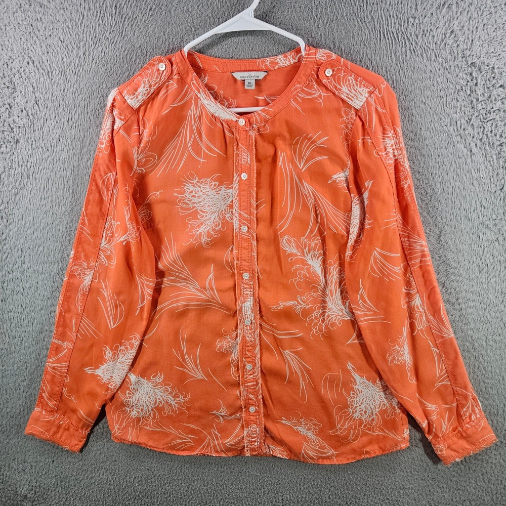 LL Bean Signature Orange Floral Tencel‎ Button Down Blouse Top Womens 10